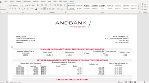 Andorra Andbank banking statement template in Word and PDF format, good for address prove