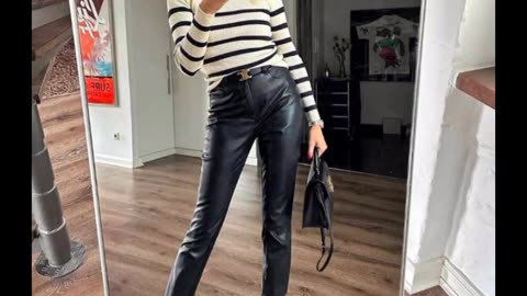 Natural Mature Women's over 50-60 looking Attractive in office wear leather leggings and pants