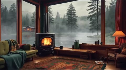 Cozy Cabin Lakefront, ASMR Ambience Water Sounds, Fireplace, Thunder and Birds