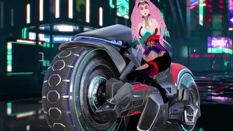 Bubblegum Samurai (tm) riding her cyberbike through Steamtown