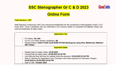 SSC Stenographer Gr C & D 2023 Post- 1207