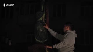 Ukrainian cancel cultists taking down a bust of Pushkin in Zhytomyr