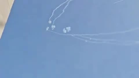 Footage shows the Iron Dome shooting down a barrage of rockets fired from