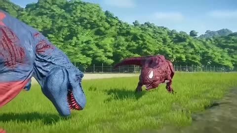 Venom Carnage vs Iron Man vs Superman Dinosaurs Fight in Jurassic World Evolution