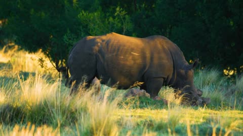Sunlit Savannah: A Mother Rhino's Heartwarming Journey with Her Calf in Africa's Wild Expanse