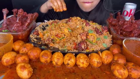 ASMR EATING SPICY CHILLI CHICKEN FRIED RICE,EGG CURRY,CHICKEN LOLLIPOP FOOD VIDEOS