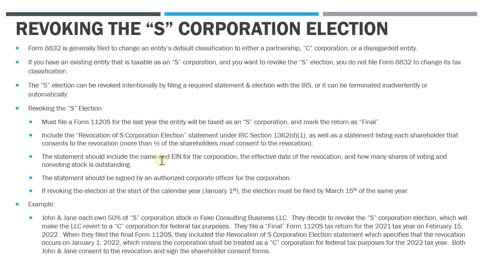 Revoking the "S" Corporation Election Procedures