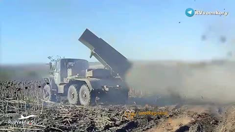 Russian Grad ("Hail") multiple launch rocket system blasts projectiles