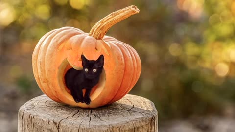 Cute cat hidden in pumpkin