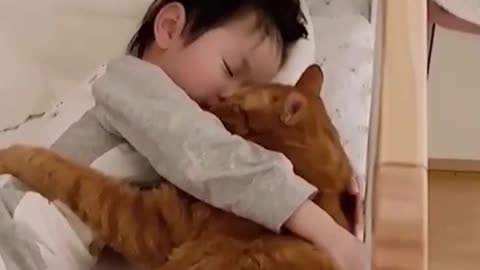 cat and baby sleeping together