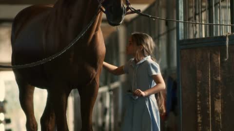 Little girl in blue dress cleaning coat of chestnut horse with brush in aisle near stalls in stable