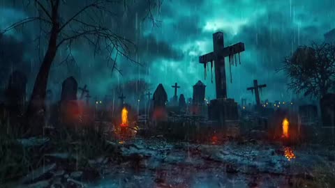 Creepy Graveyard on a Rainy Night with Thunder Claps, Raven Caws, and