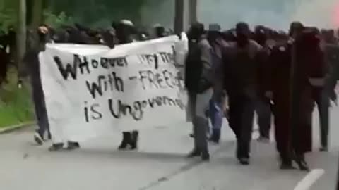 July 7 2017 Germany g20 1.2 view from bus, ANTIFA marching in the street and fires