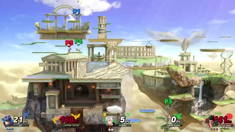 Ike vs Captain Falcon vs Robin and Diddy Kong vs Little Mac on Palutena's Temple (Super Smash Bros)