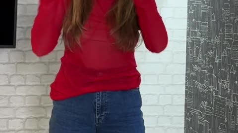 Trying on a red transparent shirt