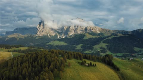 alpe di suisi dolomites aerial drone view of alpine meadow mountain plateau in italy