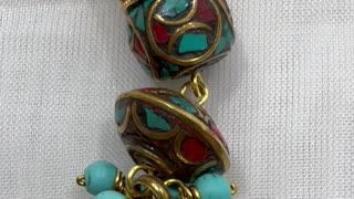 Handmade Unique 3.25” 18KGP Drop Earrings with Coral, Turquoise, Tibetan Beads