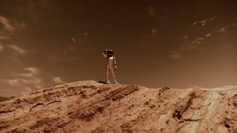 A female Astronaut looking around a desolate enviroment