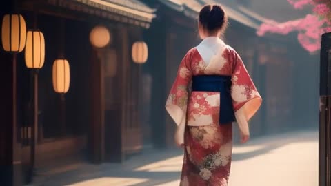 Girl in kimono walking on the street.mp4