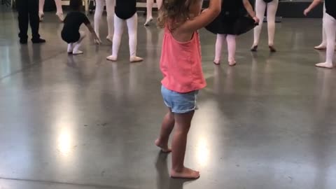 Little Girl Tries To Keep Up With Ballerina Class