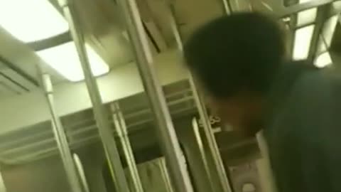 Three friends encounter a homeless man on a wheelchair making loud noises in a subway train
