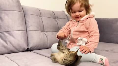 Cute Girl First Time Meet New Baby Kitten