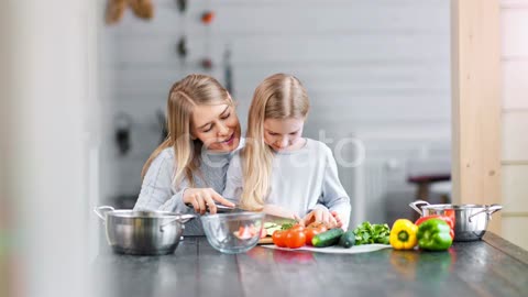 Vegetarian Mother is Showing Her Daughter How to Cook Healthy Food