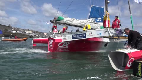 Transat Bakery boat Race Plymouth to New York 2016. Entering Plymouth break water Day 2