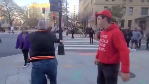 Pro Trump supporter assaults multiple people...then gets knocked out when the mob forms...