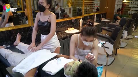 Strong bending! back massage relax with two girls in barbershop, an effective way to de-stress