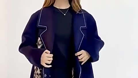 Women Warm Navy Blue Double-sided Cashmere Coats Lapel Woolen Suit 2021
