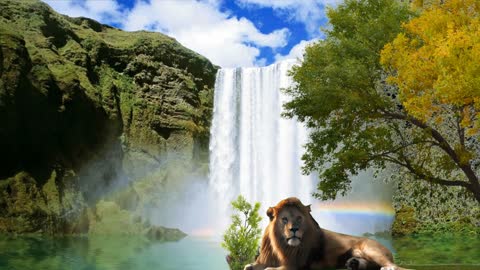 Watch the lion with the waterfall
