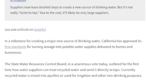 California Approves Recycled Sewage Water Directly Into The Drinking Water Supply!