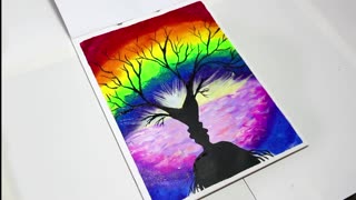 How to Draw Easy Huge Rainbow Tree Painting Using Sponge_ Acrylic Painting for Beginners_satisfying