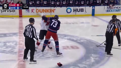 8 skaters ejected after a massive fight breaks out between the Rangers and New Jersey Devils.