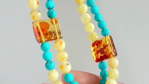 Turquoise and amber with bumble bee beads colorful Multi Stone Beaded Necklace 20231024-03-08