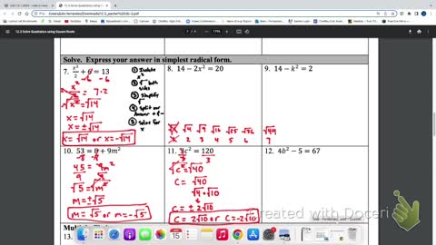 IM2 Alg 1 Traditional 12.3 Solving Quadratics with Square roots