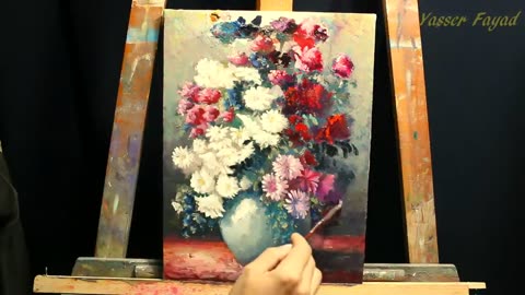 "Captivate Floral Splendor: A timeless oil painting of a vase with flowers still life"