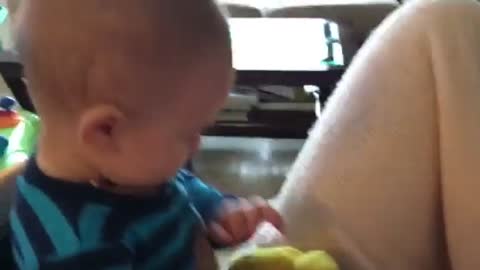 Baby petting dog