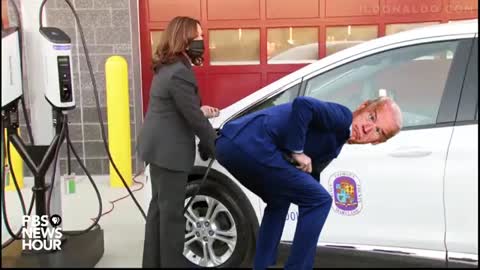 Kalama Harris recharging an electric car for the first time (comedy)