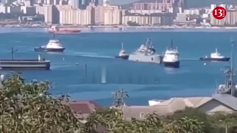 Russian amphibious assault ship shot by a Ukrainian drone may sink