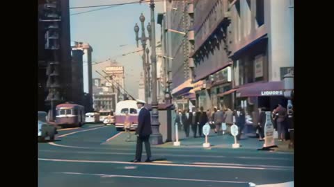 Downtown San Francisco 1950s in color [60fps, Remastered] w_sound design added