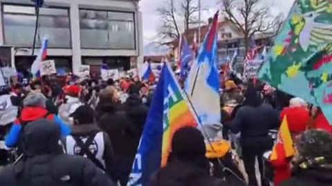 A demonstration is taking place in front of the U.S. military base Ramstein in Germany