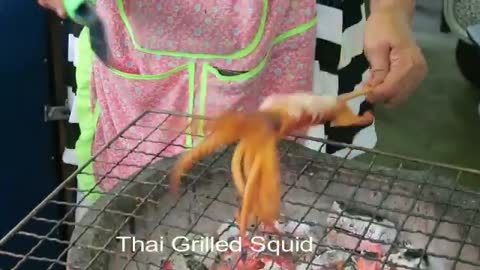 Thai BBQ Prawn and Squid - Squid Grilled Over Hot Coals - Thai Street Food