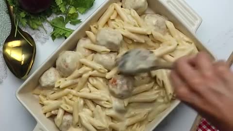 CHICKEN CORDON BLEU MEATBALL PASTA BAKE