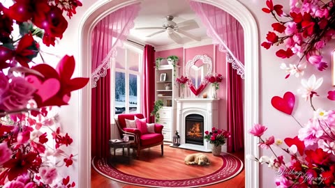 385. Cozy Valentine Fireplace Ambience Sleeping Puppy, Hearts & Sparkles