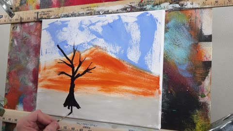 Painting a Scorching Desert Landscape with a Dead Skeleton Tree: Impressionist and Abstract Style