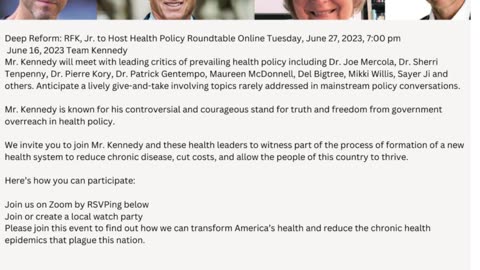 Deep Reform: RFK, Jr. to Host Health Policy Roundtable Online Tuesday, June 27, 2023, 7:00 pm