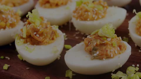 Bacon and Kimchi Deviled Eggs - Recipe and Nutritional Information in the Description