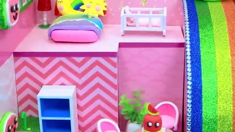 How To Make Pink Bunny House with Bunk Bed | Rainbow Stairs from Polymer Clay DIY Miniature House